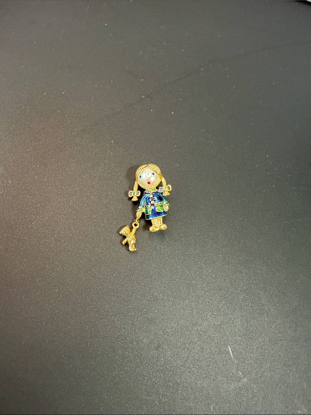 Adorable! VTG Carolee Enamel Girl Pin Dangling Teddy Bear Doll Crystal Pigtails